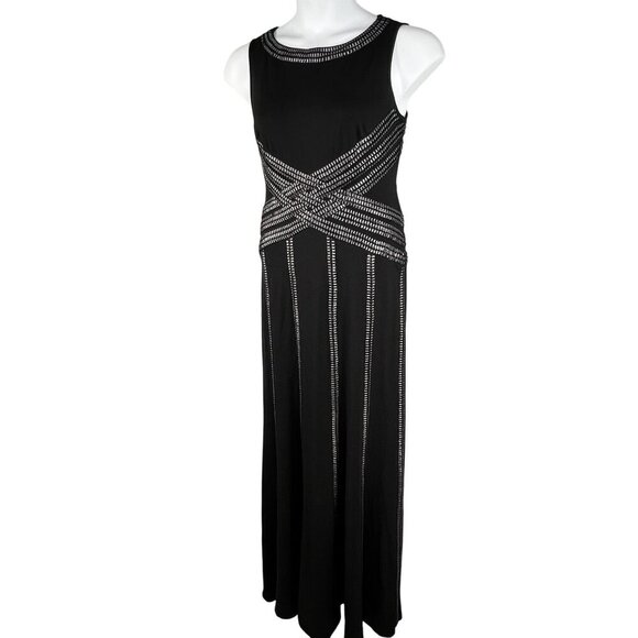 Tadashi Shoji Women M Tall Black Evening Gown Silver Beaded Elegant Jersey Dress - Picture 5 of 16